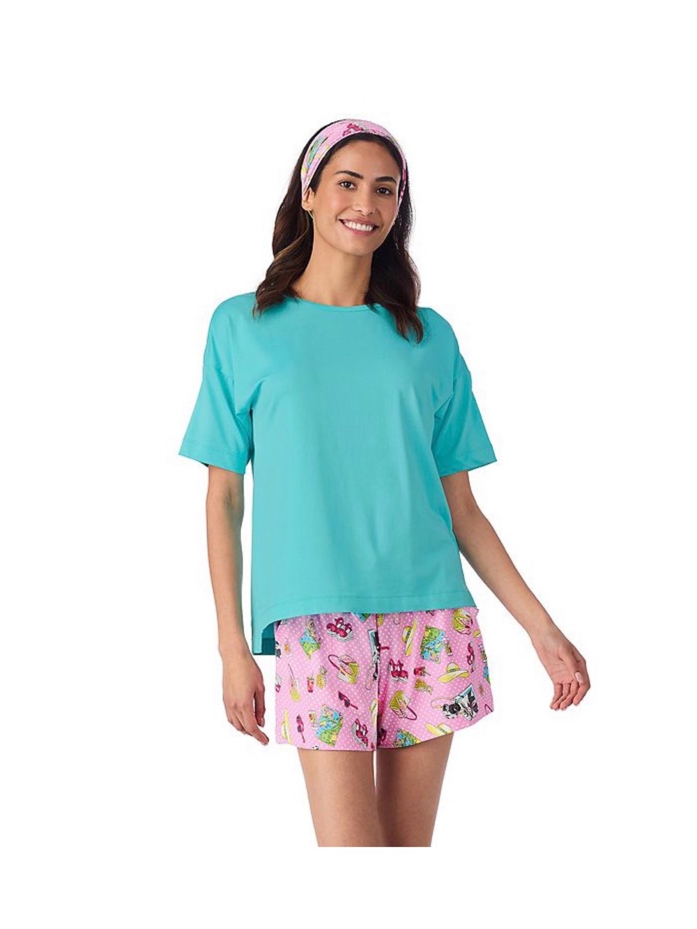 Cuddl Duds Turquoise and Pink short sleeved and shorts pajama set